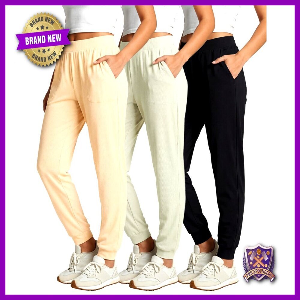 3 Pack Women's Ribbed Lounge Jogger Pants High Waisted Cuffed Sweatpants
